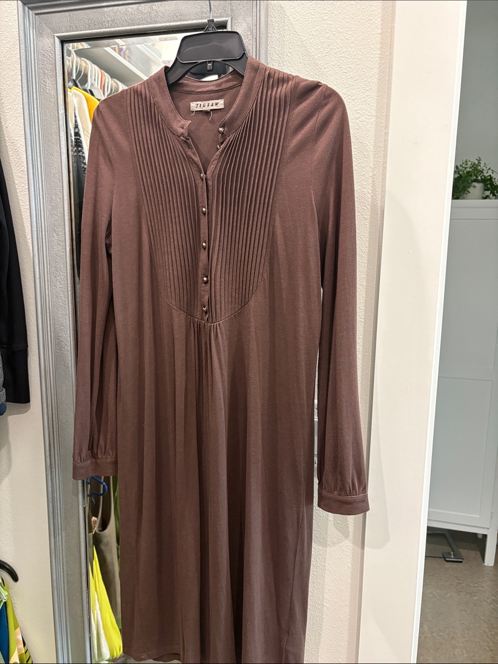 Jigsaw Chocolate Brown Long-Sleeve Pleated Yoke Dress